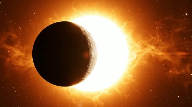 Solar eclipse cinematic animation: moon passing before glowing sun in deep space astronomy
