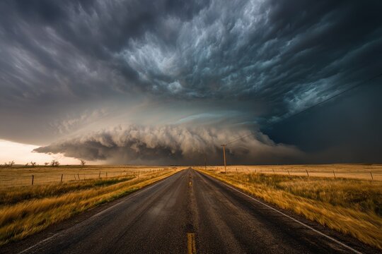 Wide landscape scene with shelf cloud and approaching derecho over flat grasslands and highway