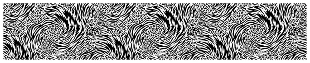 Swirling animal print pattern with zebra stripes and leopard spots in monochrome safari style © Amelia