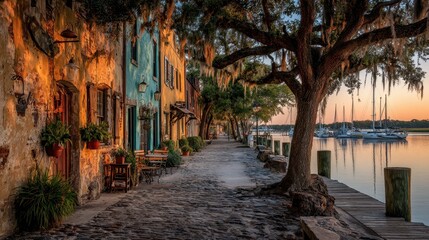 Obraz premium Quiet harbor town waterfront at sunset with wooden docks, live oaks, and reflections