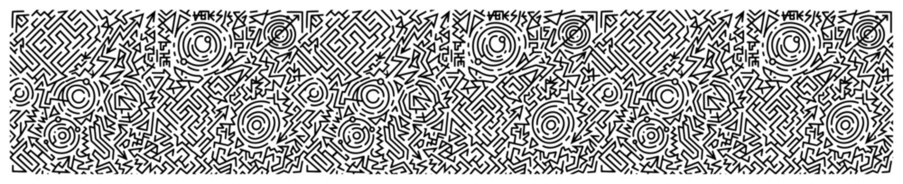 Chaotic maze doodle abstract labyrinth geometric pattern in black and white style