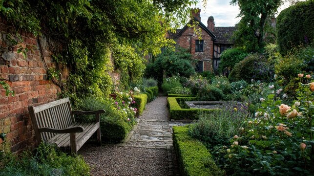 Quiet courtyard and flower borders at Hall's Croft in Stratford-upon-Avon, timeless grounds
