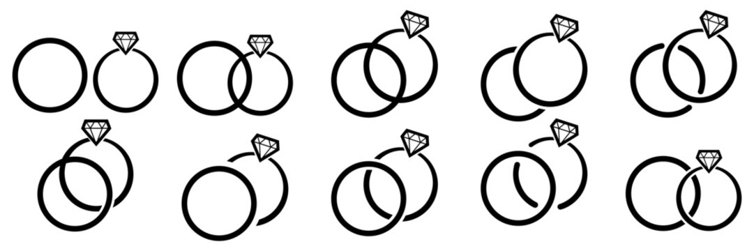 Wedding rings set, engagement jewelry, marriage union icons, love commitment symbols