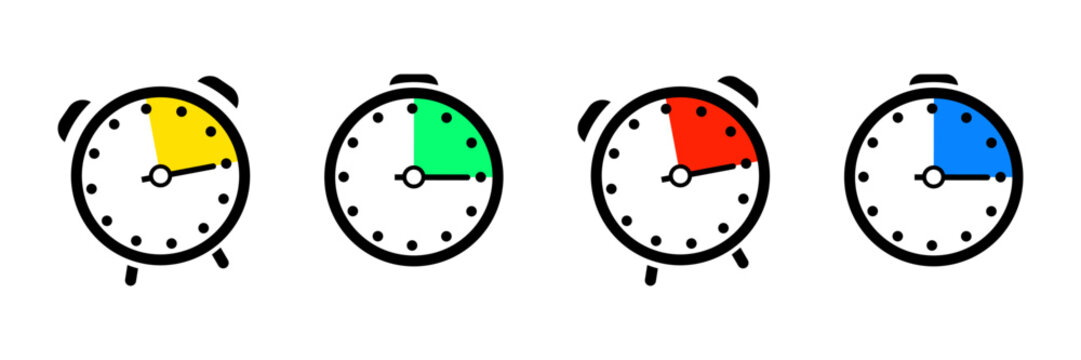 Set of color timer clock icons showing time intervals and deadline management