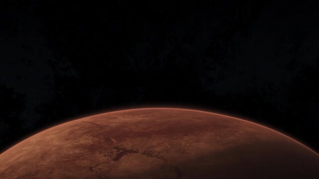 Mars-like terrestrial planet in deep space with glowing surface textures and scattered stars around. 3D animation of an arid desert planet. Alien cosmic world explored by astrophysics. Orbital wide sh