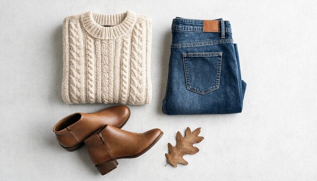 Autumn fashion flat lay with knitted sweater, blue jeans and leather boots on white background
