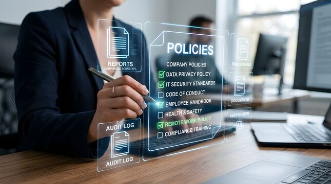 Business professional using stylus on futuristic holographic interface selecting policies with green checkmarks at wooden desk