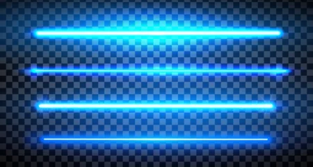 Blue lazer straight lines pack isolated. Neon glowing laser beam effect. Fluorescent LED electric luminous line. Led light halogen dynamic diode. Vector illustration © boxerx