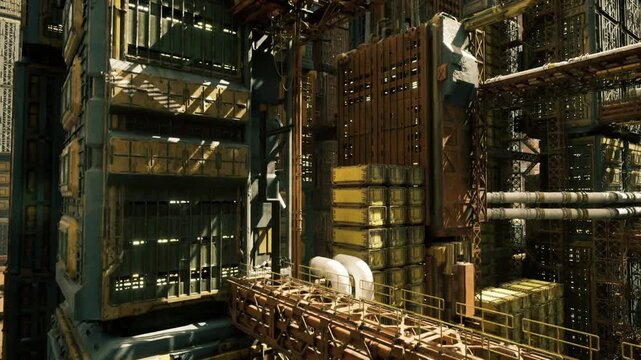 stacked modules and vertical shaft structure revealing layered maintenance levels and scaffolding storage crates, service panels and piping hugs create