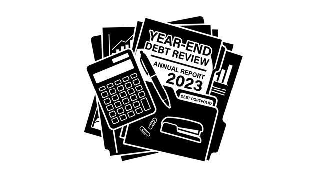 Year-end debt review annual report with calculator and office supplies