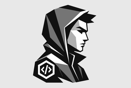 Hooded tech specialist profile icon with code symbol.