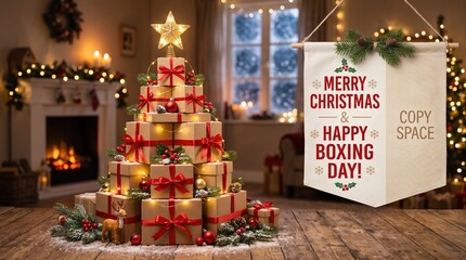Creative christmas tree made of cardboard delivery boxes with festive decorations. Blurred background, bokeh effect. Horizontal banner. Copy space. Free space for text. Boxing Day