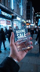 Businessman holding a futuristic glass screen with Boxing Day Sale text