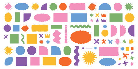 Fototapeta premium Colorful geometric shapes and symbols various forms and designs on white background abstract graphics