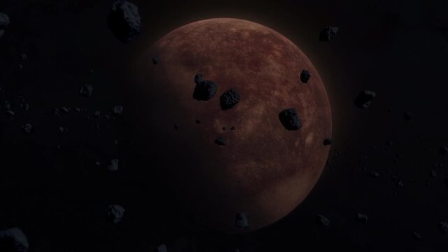 Mars-like terrestrial planet in deep space with glowing surface textures and scattered stars around. 3D animation of an arid desert planet. Alien cosmic world explored by astrophysics. Track-In wide s