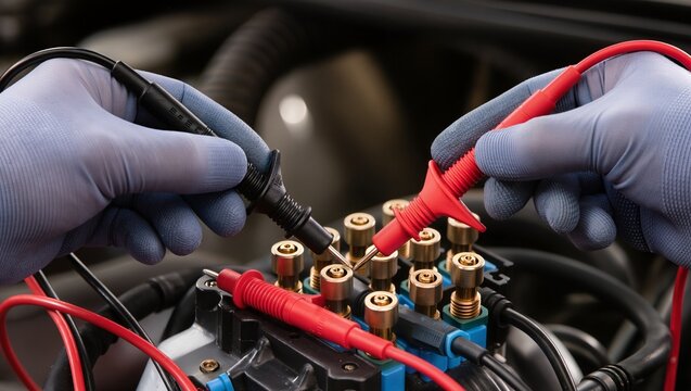 Mechanic checking car engine electrical wiring and relay box using multimeter probes
