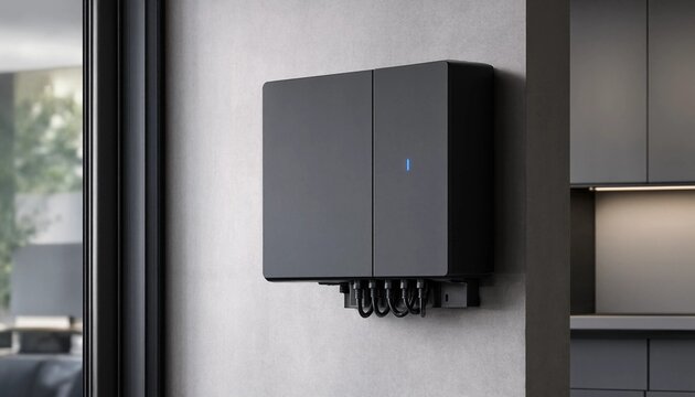 Modern hybrid solar inverter and home battery backup power system on wall

