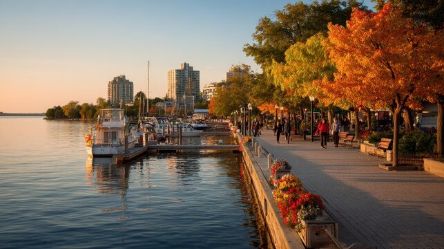 Barrie waterfront in early autumn light, lakefront promenade and calm lake reflections