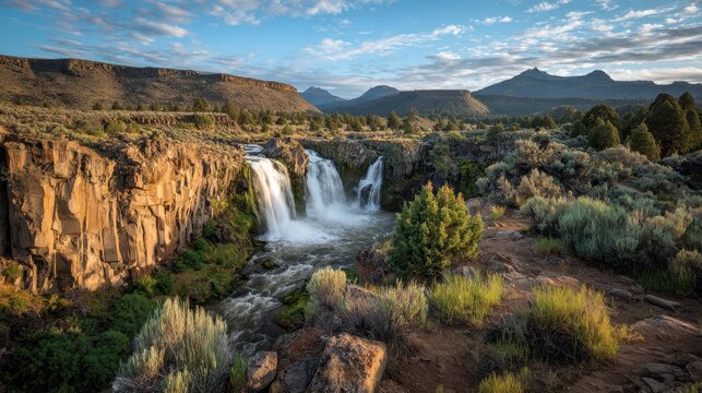 Wide-angle landscape of a desert waterfall in eastern Oregon with sage and juniper and blue sky