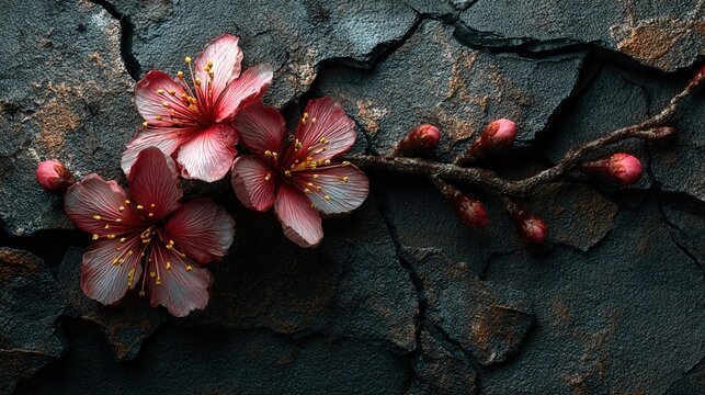 Blooming abstract flowers growing from cracks in a dark textured surface representing hope, resilience, and healing from emotional trauma without human elements,