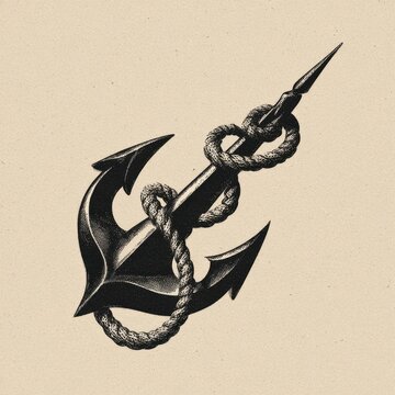 Monochrome grappling hook icon with thick silhouette and curling rope