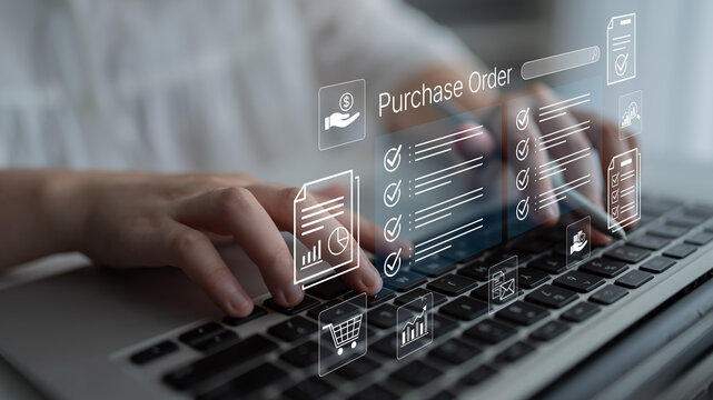 Hands Typing on Laptop with Digital Purchase Order Interface Representing Online Shopping and E-commerce Management. Bitwise.
