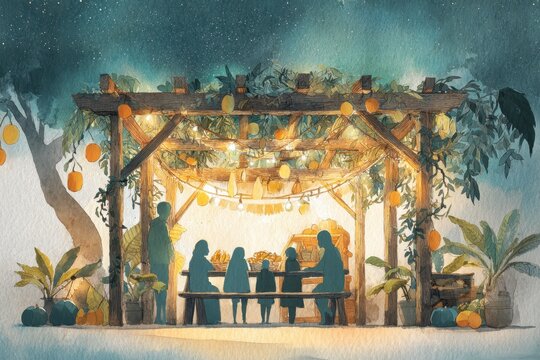 Cozy Sukkot Celebration Illustration with Lanterns in a Wooden Sukkah
