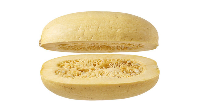 Half Sliced Spaghetti Squash Levitating on White Background Isolated Raw Organic Winter Vegetable for Healthy Eating