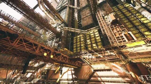 vertigoinducing view under elevated maze of tracks and scaffolds, intersecting lines and layered shadows create dizzying composition, evocative urban labyrinth