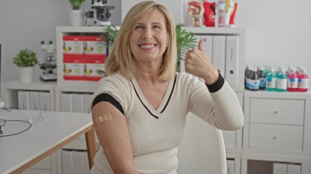 Woman with bandage on upper arm gives thumbs up and smiles in a medical building reception area; confidence health.