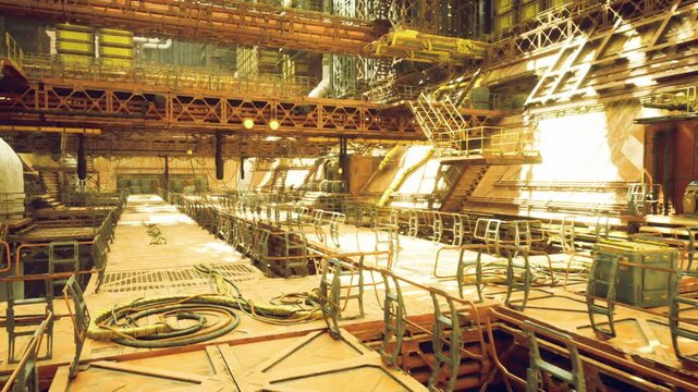 Maintenance deck with coiled cables and service tools, gritty metal grating underfoot, exposed conduits and valves, utilityfocused atmosphere with clear route
