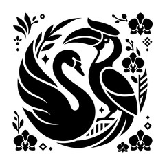 Swan and hornbill circular silhouette surrounded by orchid flowers. © Badi