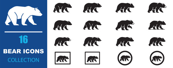 Fototapeta premium Bear icons collection, 16 grizzly bear vector silhouettes, black animal logo set for branding