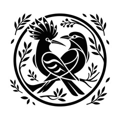 Two hoopoes in circular folk art floral frame illustration © Badi