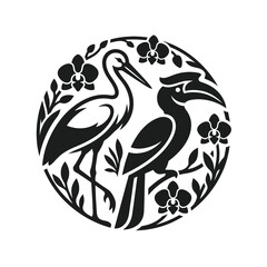 Exotic crane and hornbill circular silhouette with orchids. © Badi