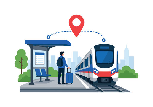 Transit station icon with person, train platform, and location pin, station, person, train, platform, location pin, transit,