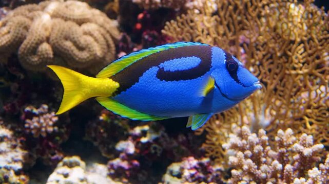 Vibrant powder blue tang swimming in tropical coral reef aquarium underwater close-up acanthurus leucosternon