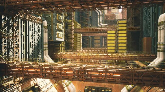 Retro futuristic engine bay with brass and steel pipes, intricate scaffolding and catwalks, layered platforms and valve clusters, warm yellow panels juxtaposed