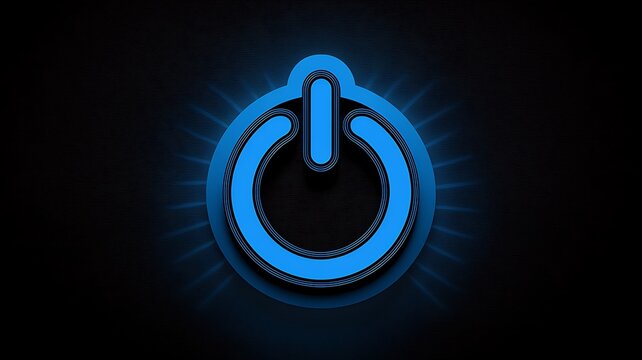 Glowing blue power button icon, neon switch symbol, electricity sign, glowing button