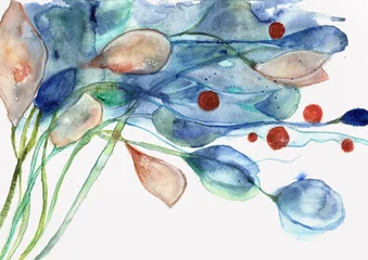 Blue Foliage Branch with Red Berry Accents, Hand-Painted Watercolor © pronoia