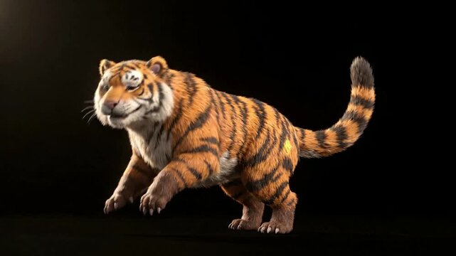 3 d animated cartoon tiger character jumping and playing on black background, animation