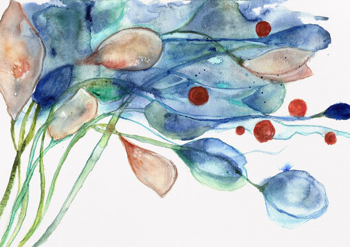 Blue Foliage Branch with Red Berry Accents, Hand-Painted Watercolor