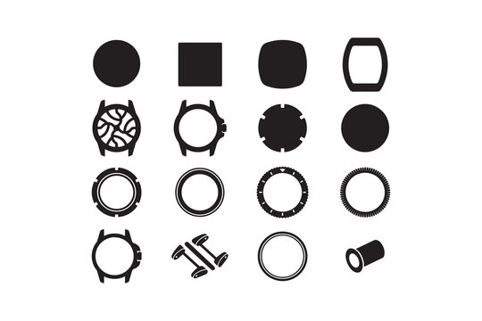 A collection of various watch face and case silhouette icons presented in a clean, minimalist black and white grid.
