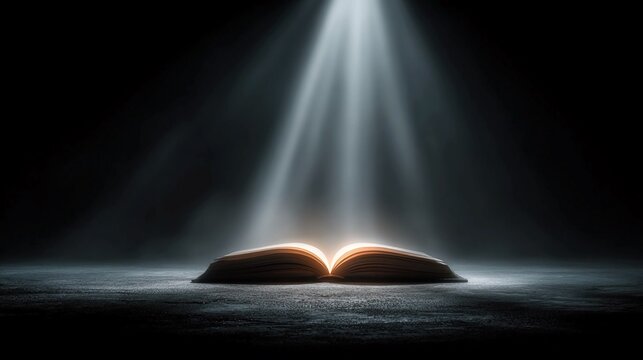 Book opened with light beam from center isolated on white background, symbolizing discovery, insight, knowledge revealed, guidance, learning, inspiration, planning, and conceptual metaphor