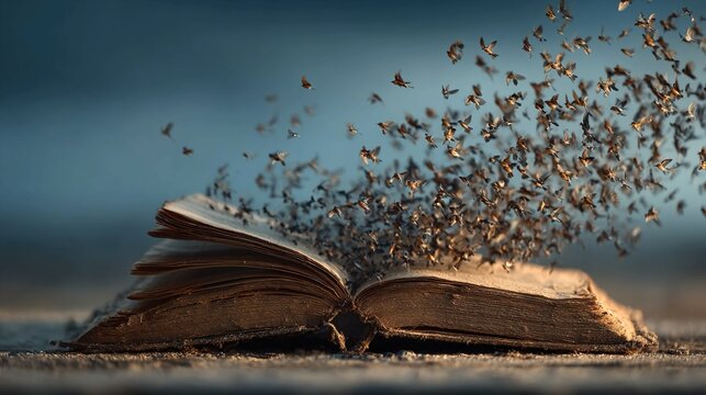 Book opening mid-air releasing birds, ideas taking flight, surreal literary symbolism, freedom of thought, imagination unleashed, conceptual scene representing knowledge and inspiration.