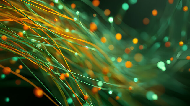 Abstract flowing fiber optic cables with vibrant orange and green glowing particles creating a dynamic digital data transmission motion effect