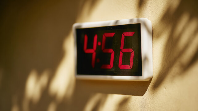 Digital clock shows time as four fifty-six in a simple setting on a wall
