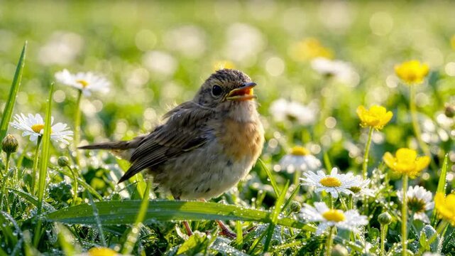Cute baby robin bird chirping in a sunny spring meadow with wildflowers and dewy grass baby bird fledgling