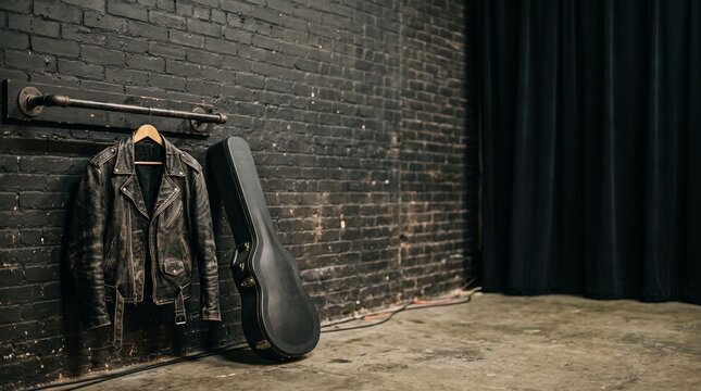 Leather Jacket and Guitar Case Leaning Against Black Brick Wall