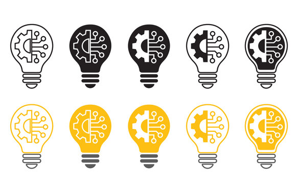 Innovation bulb, idea concept icon with light bulb, gear, and circuit board, buld outline icon